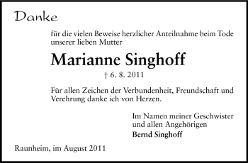 Traueranzeige von Marianne Singhoff von Rüsselsheimer Echo, Groß-Gerauer-Echo, Ried Echo