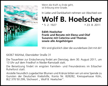 Traueranzeige von Wolf B. Hoelscher von Echo-Zeitungen (Gesamtausgabe)