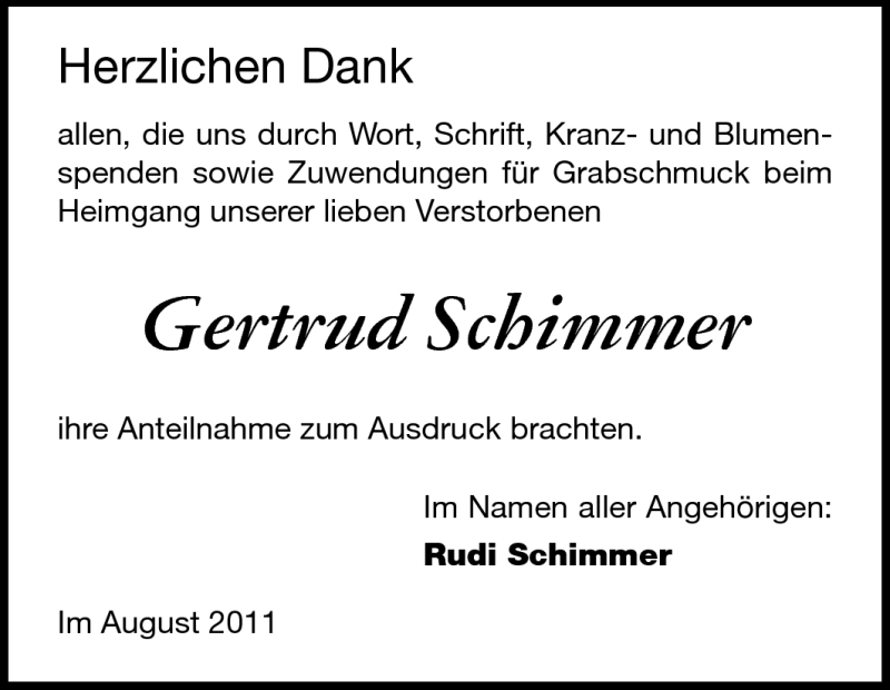  Traueranzeige für Gertrud Schimmer vom 27.08.2011 aus Echo-Zeitungen (Gesamtausgabe)