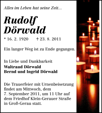 Traueranzeige von Rudolf Dörwald von Rüsselsheimer Echo, Groß-Gerauer-Echo, Ried Echo