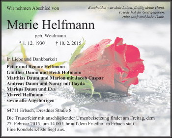 Traueranzeige von Marie Helfmann von Odenwälder Echo