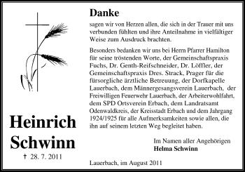 Traueranzeige von Heinrich Schwinn von Odenwälder Echo