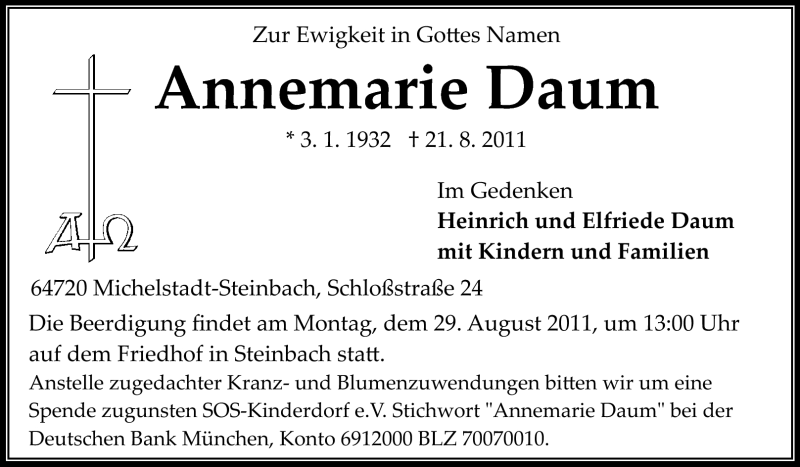  Traueranzeige für Annemarie Daum vom 25.08.2011 aus Odenwälder Echo