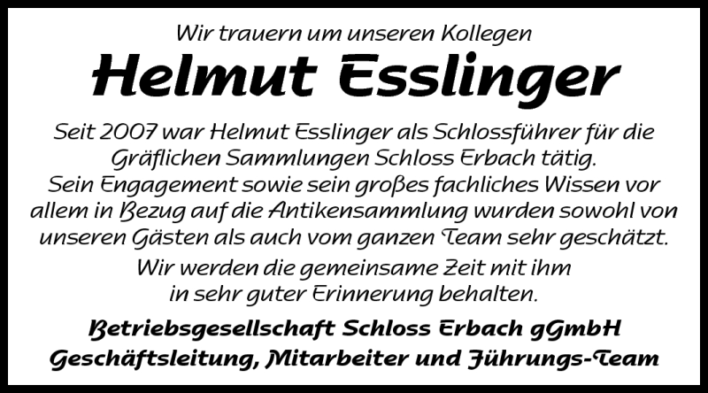  Traueranzeige für Helmut Esslinger vom 26.08.2011 aus Odenwälder Echo