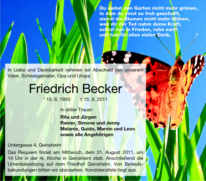  Traueranzeige für Friedrich Becker vom 29.08.2011 aus Rüsselsheimer Echo, Groß-Gerauer-Echo, Ried Echo