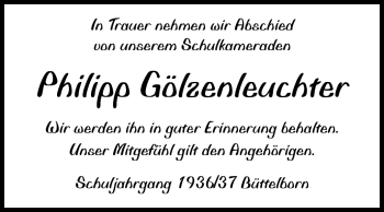 Traueranzeige von Philipp Gölzenleuchter von Rüsselsheimer Echo, Groß-Gerauer-Echo, Ried Echo