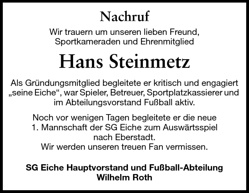  Traueranzeige für Hans Steinmetz vom 26.08.2011 aus Darmstädter Echo, Odenwälder Echo, Rüsselsheimer Echo, Groß-Gerauer-Echo, Ried Echo