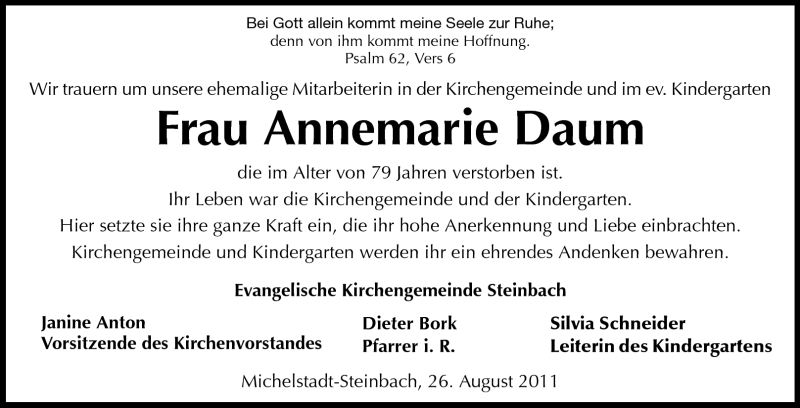  Traueranzeige für Annemarie Daum vom 26.08.2011 aus Odenwälder Echo