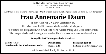 Traueranzeige von Annemarie Daum von Odenwälder Echo