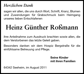 Traueranzeige von Heinz Günther Roßmann von Echo-Zeitungen (Gesamtausgabe)