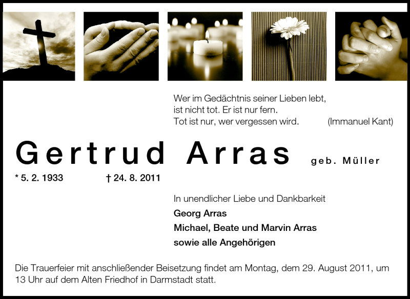  Traueranzeige für Gertrud Arras vom 27.08.2011 aus Echo-Zeitungen (Gesamtausgabe)