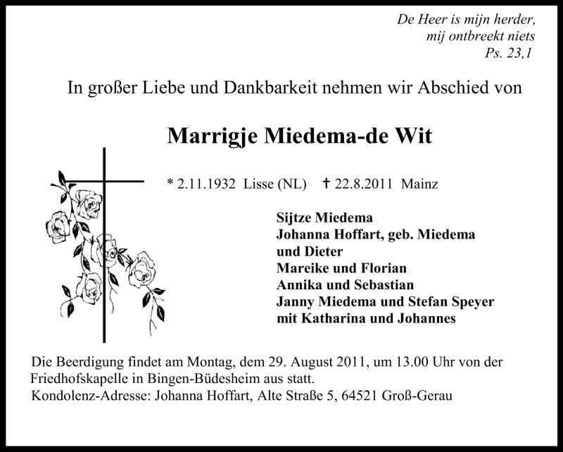  Traueranzeige für Marrigje Miedema-de Wit vom 27.08.2011 aus Rüsselsheimer Echo, Groß-Gerauer-Echo, Ried Echo