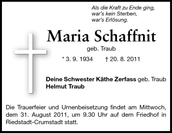Traueranzeige von Maria Schaffnit von Echo-Zeitungen (Gesamtausgabe)