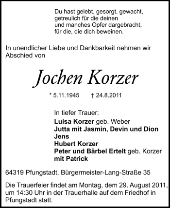 Traueranzeige von Jochen Korzer von Echo-Zeitungen (Gesamtausgabe)