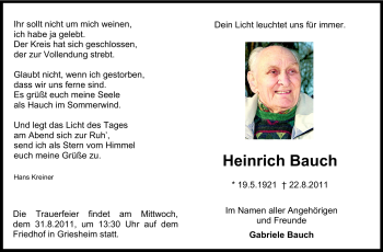 Traueranzeige von Heinrich Bauch von Echo-Zeitungen (Gesamtausgabe)