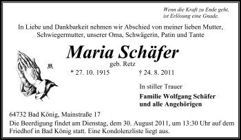Traueranzeige von Maria Schäfer von Odenwälder Echo