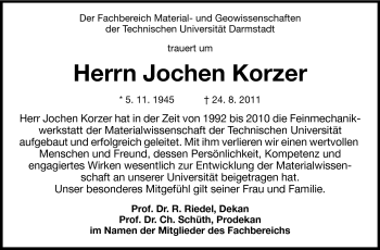 Traueranzeige von Jochen Korzer von Echo-Zeitungen (Gesamtausgabe)