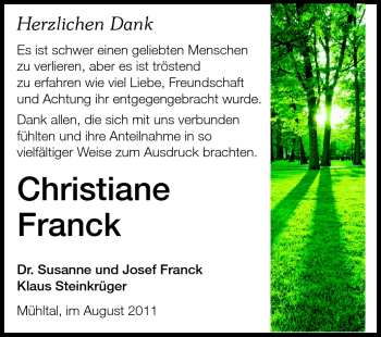 Traueranzeige von Christiane Franck von Echo-Zeitungen (Gesamtausgabe)