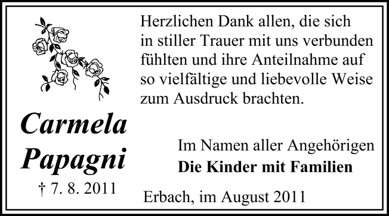  Traueranzeige für Carmela Papagni vom 27.08.2011 aus Odenwälder Echo
