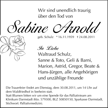 Traueranzeige von Sabine Arnold von Echo-Zeitungen (Gesamtausgabe)