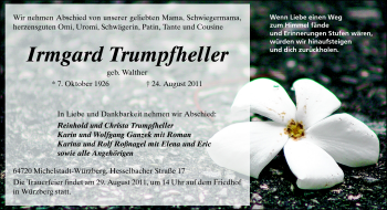 Traueranzeige von Irmgard Trumpfheller von Odenwälder Echo