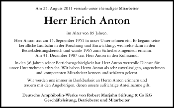 Traueranzeige von Erich Anton von Echo-Zeitungen (Gesamtausgabe)