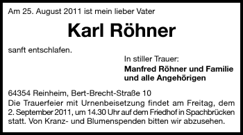 Traueranzeige von Karl Röhner von Darmstädter Echo, Odenwälder Echo, Rüsselsheimer Echo, Groß-Gerauer-Echo, Ried Echo