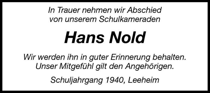  Traueranzeige für Hans Nold vom 31.08.2011 aus Rüsselsheimer Echo, Groß-Gerauer-Echo, Ried Echo