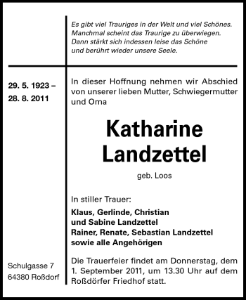 Traueranzeige von Katharine Landzettel von Echo-Zeitungen (Gesamtausgabe)