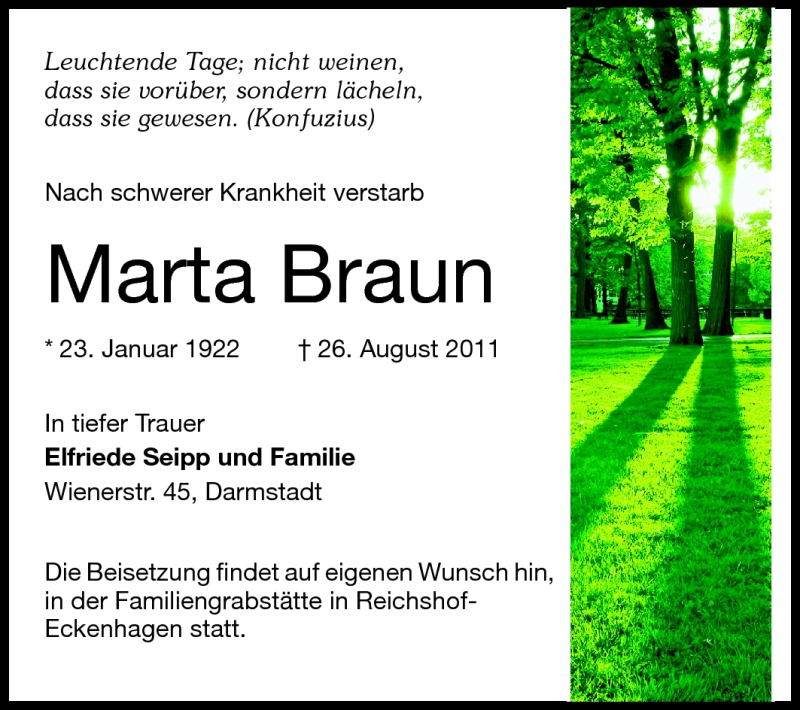  Traueranzeige für Marta Braun vom 30.08.2011 aus Echo-Zeitungen (Gesamtausgabe)