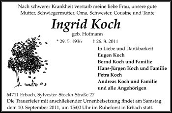 Traueranzeige von Ingrid Koch von Odenwälder Echo