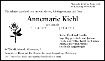 Traueranzeige von Annemarie Kiehl von Odenwälder Echo