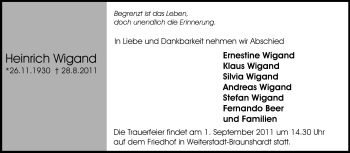 Traueranzeige von Heinrich Wiegand von Echo-Zeitungen (Gesamtausgabe)