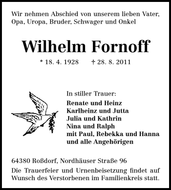Traueranzeige von Wilhelm Fornoff von Echo-Zeitungen (Gesamtausgabe)