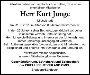 Traueranzeige von Kurt W. Junge von Odenwälder Echo