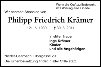 Traueranzeige von Philipp Friedrich Krämer von Echo-Zeitungen (Gesamtausgabe)