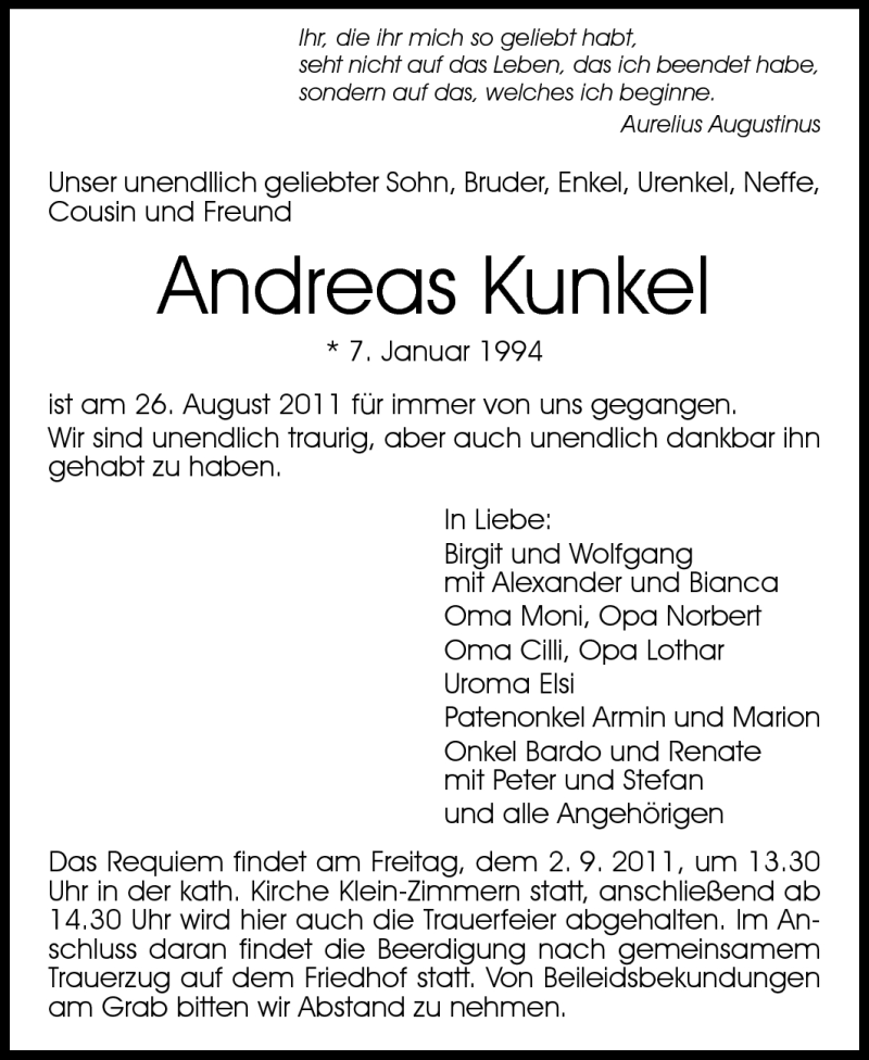  Traueranzeige für Andreas Kunkel vom 01.09.2011 aus Echo-Zeitungen (Gesamtausgabe)