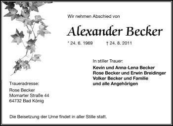 Traueranzeige von Alexander Becker von Odenwälder Echo