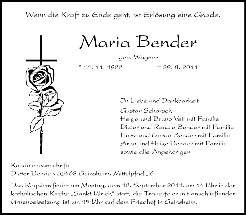  Traueranzeige für Maria Bender vom 08.09.2011 aus Rüsselsheimer Echo, Groß-Gerauer-Echo, Ried Echo