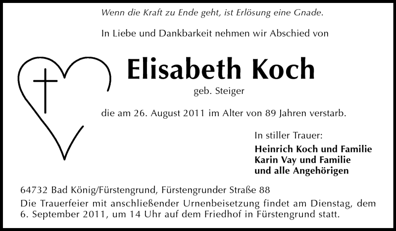  Traueranzeige für Elisabeth Koch vom 03.09.2011 aus Odenwälder Echo
