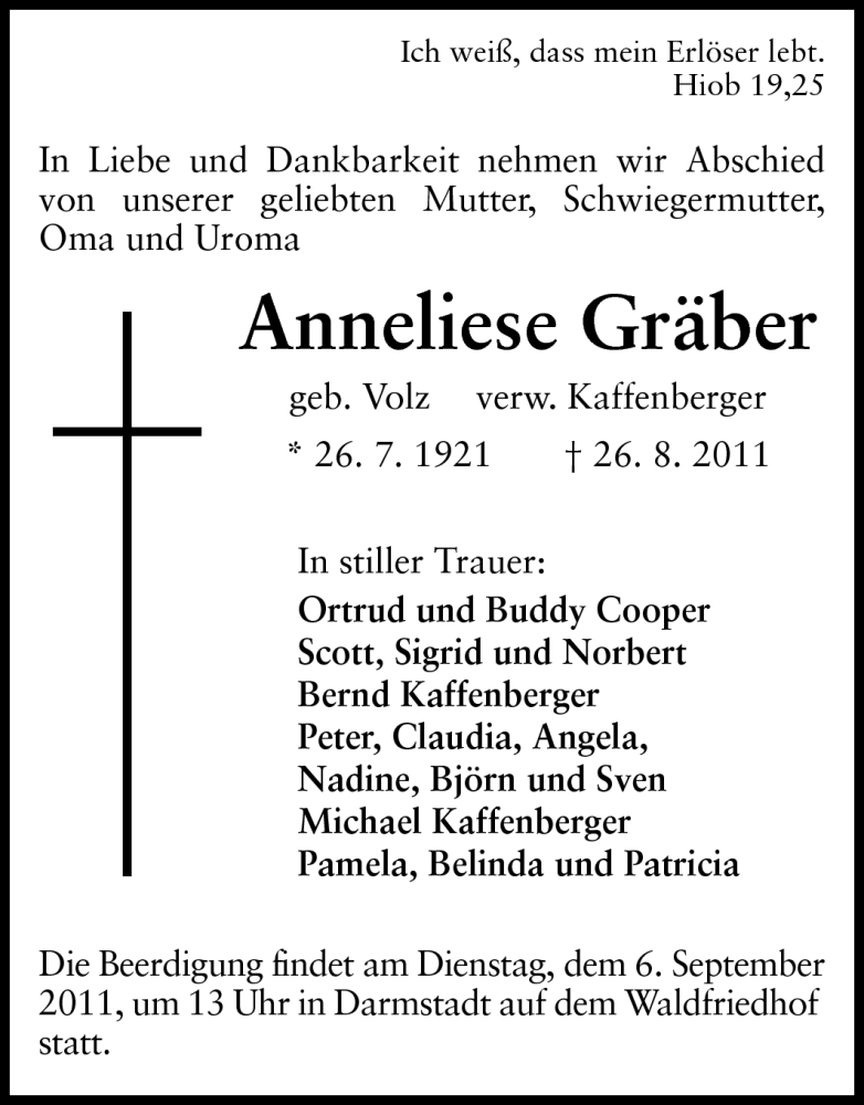  Traueranzeige für Anneliese Gräber vom 03.09.2011 aus Echo-Zeitungen (Gesamtausgabe)
