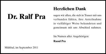 Traueranzeige von Dr. Ralf-Gunther Pra von Echo-Zeitungen (Gesamtausgabe)