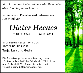 Traueranzeige von Dieter Heenes von Echo-Zeitungen (Gesamtausgabe)