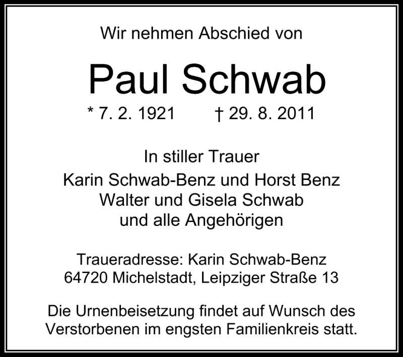  Traueranzeige für Paul Schwab vom 02.09.2011 aus Odenwälder Echo