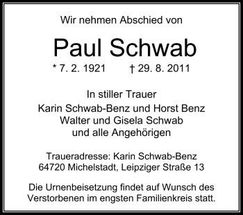 Traueranzeige von Paul Schwab von Odenwälder Echo