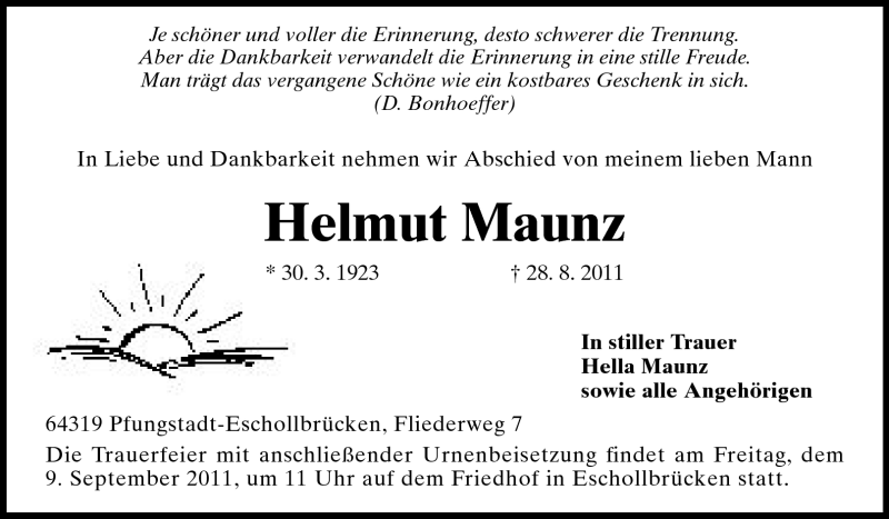 Traueranzeige für Helmut Maunz vom 03.09.2011 aus Echo-Zeitungen (Gesamtausgabe)