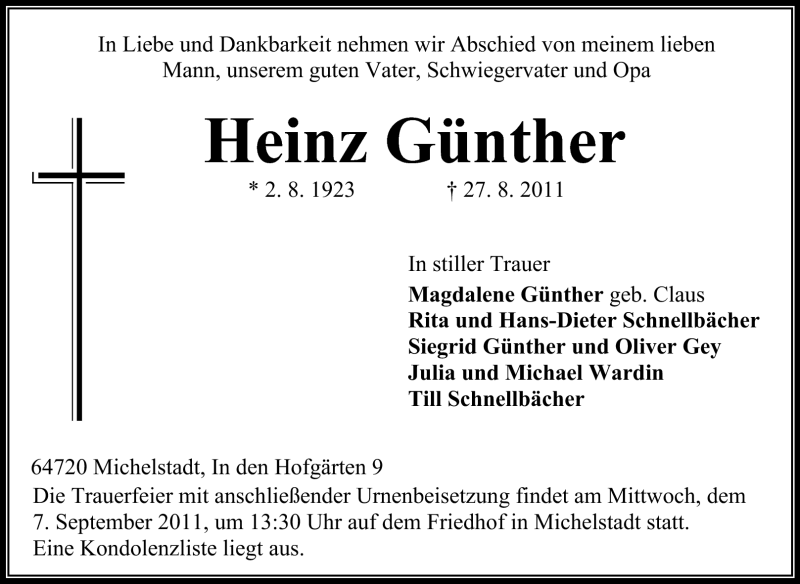  Traueranzeige für Heinz Günther vom 02.09.2011 aus Odenwälder Echo
