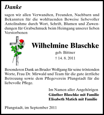 Traueranzeige von Wilhelmine Blaschke von Echo-Zeitungen (Gesamtausgabe)