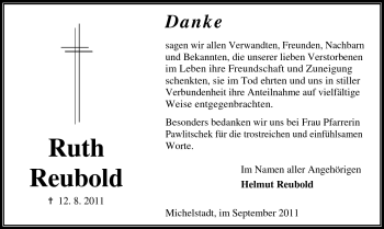 Traueranzeige von Ruth Reubold von Odenwälder Echo