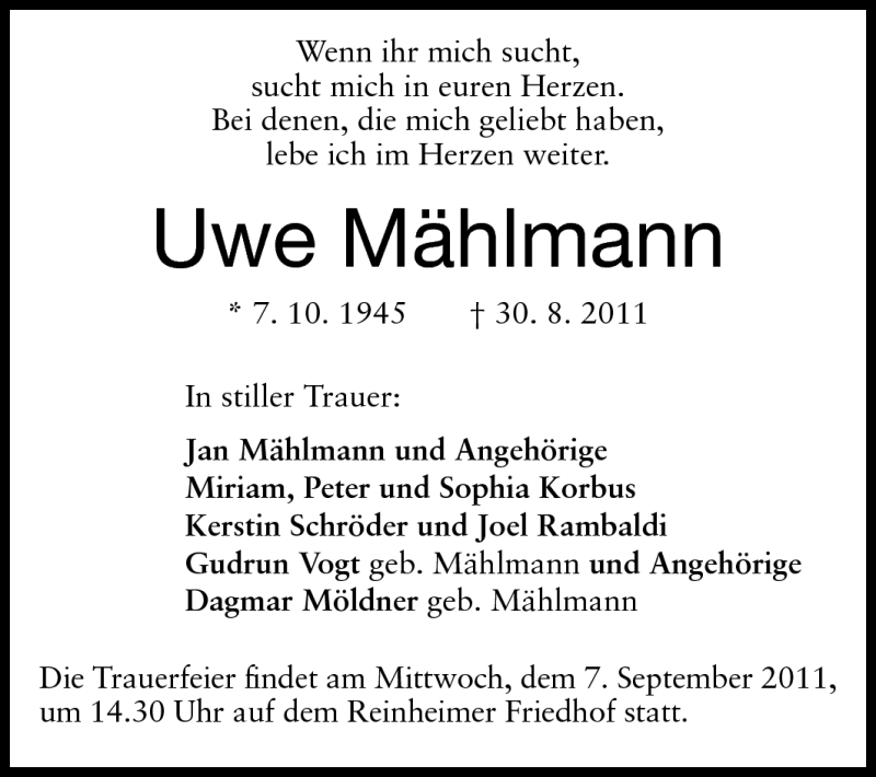  Traueranzeige für Uwe Mählmann vom 05.09.2011 aus Echo-Zeitungen (Gesamtausgabe)